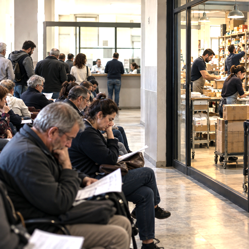 Crowded public administration office contrasted with a small private business under economic pressure.