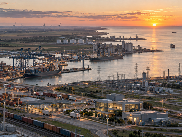 Río de la Plata port and surrounding regional infrastructure facing the South Atlantic at dawn.