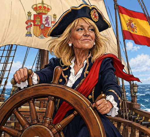 Woman in historical naval attire steering a sailing ship with Spanish heraldic symbols and a flag in the background.