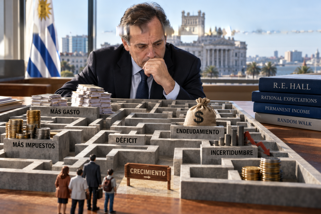 Uruguayan policymaker facing a symbolic fiscal maze of taxes, spending, deficit, debt and uncertainty.