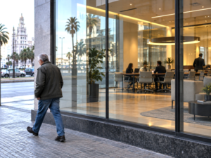 Uruguayan urban life contrasted with a polished international consulting environment.