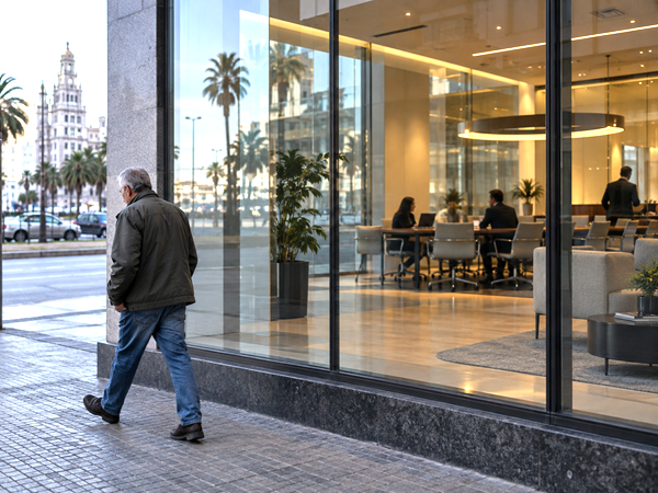 Uruguayan urban life contrasted with a polished international consulting environment.