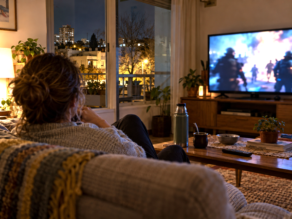 Uruguayan resident watching an abstract security scene on television in a modest Montevideo living room.