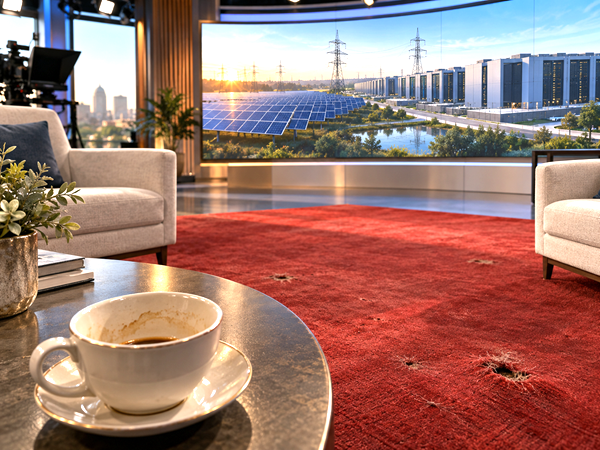 Worn red carpet, coffee cup and screens suggesting solar energy and data-center investment.